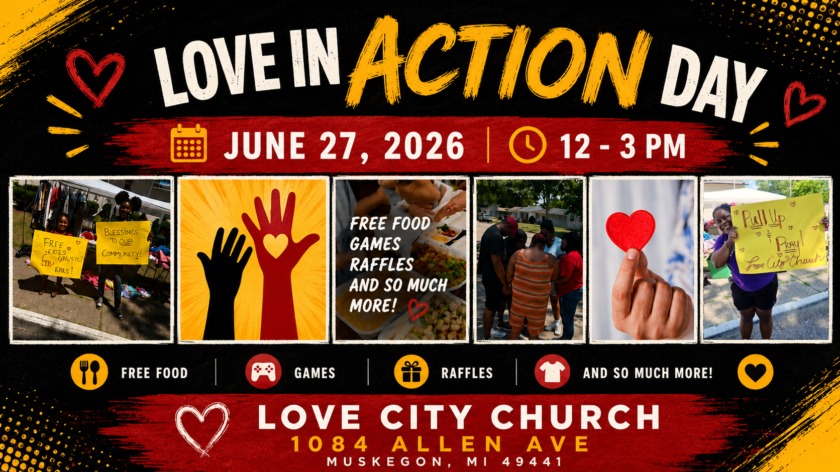 Love In Action Day community outreach event banner.
