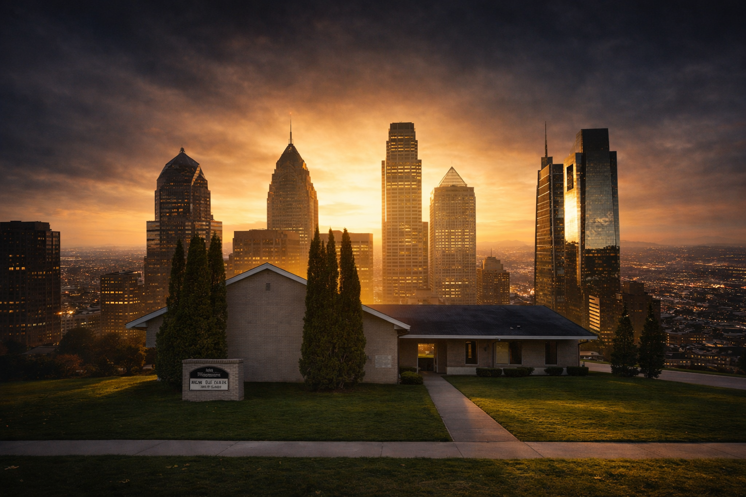 Rooted in the city location identity photograph of a skyline church.